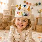 Personalized Rainbow Name Birthday Crown, Embroidered Linen-Look Kids Crown, Reusable First Birthday Party Hat, Baby Keepsake