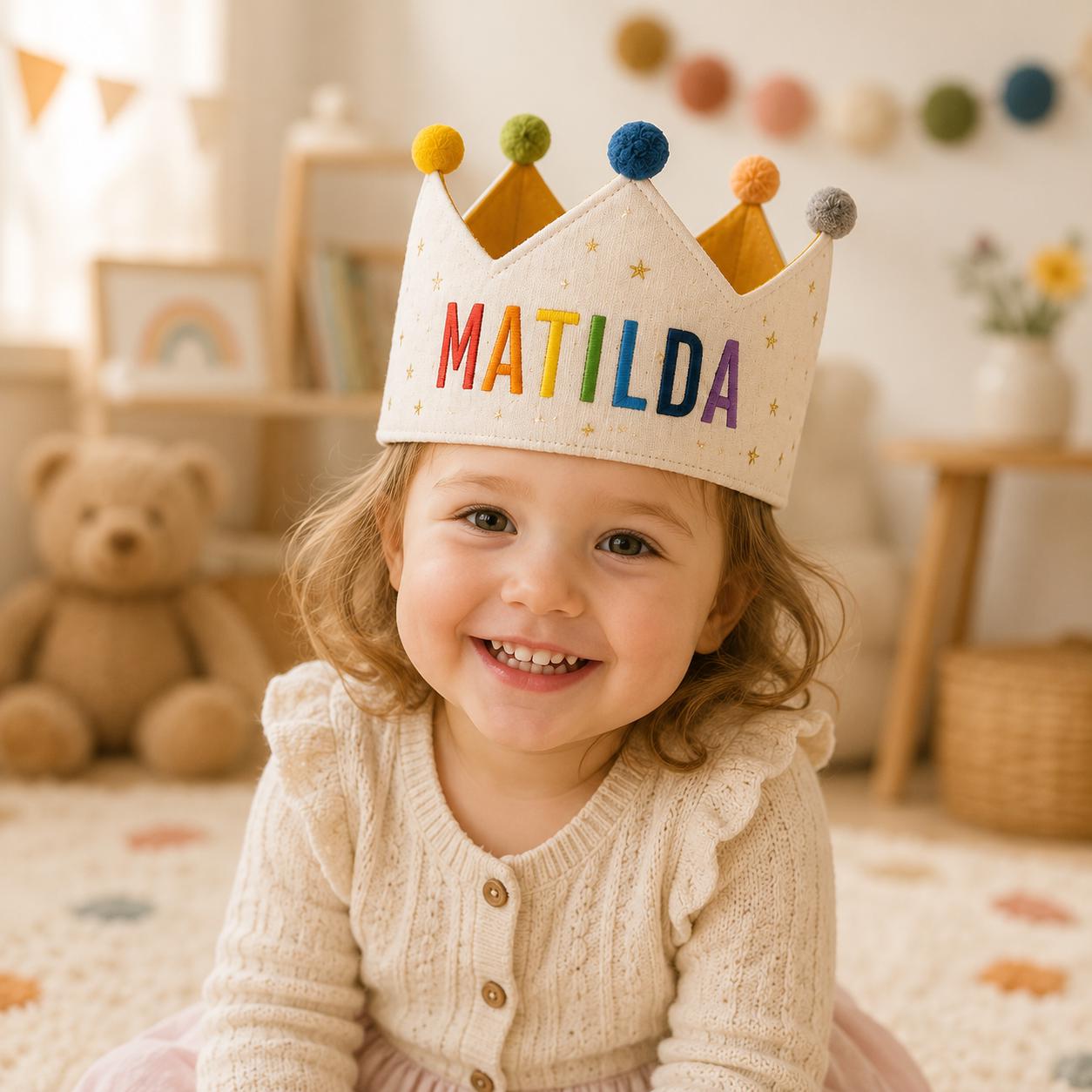 Personalized Rainbow Name Birthday Crown, Embroidered Linen-Look Kids Crown, Reusable First Birthday Party Hat, Baby Keepsake