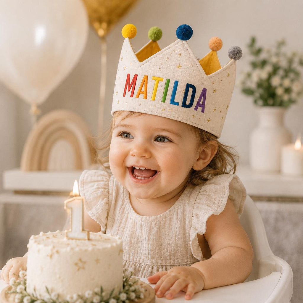 Personalized Rainbow Name Birthday Crown, Embroidered Linen-Look Kids Crown, Reusable First Birthday Party Hat, Baby Keepsake