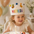 Personalized Rainbow Name Birthday Crown, Embroidered Linen-Look Kids Crown, Reusable First Birthday Party Hat, Baby Keepsake