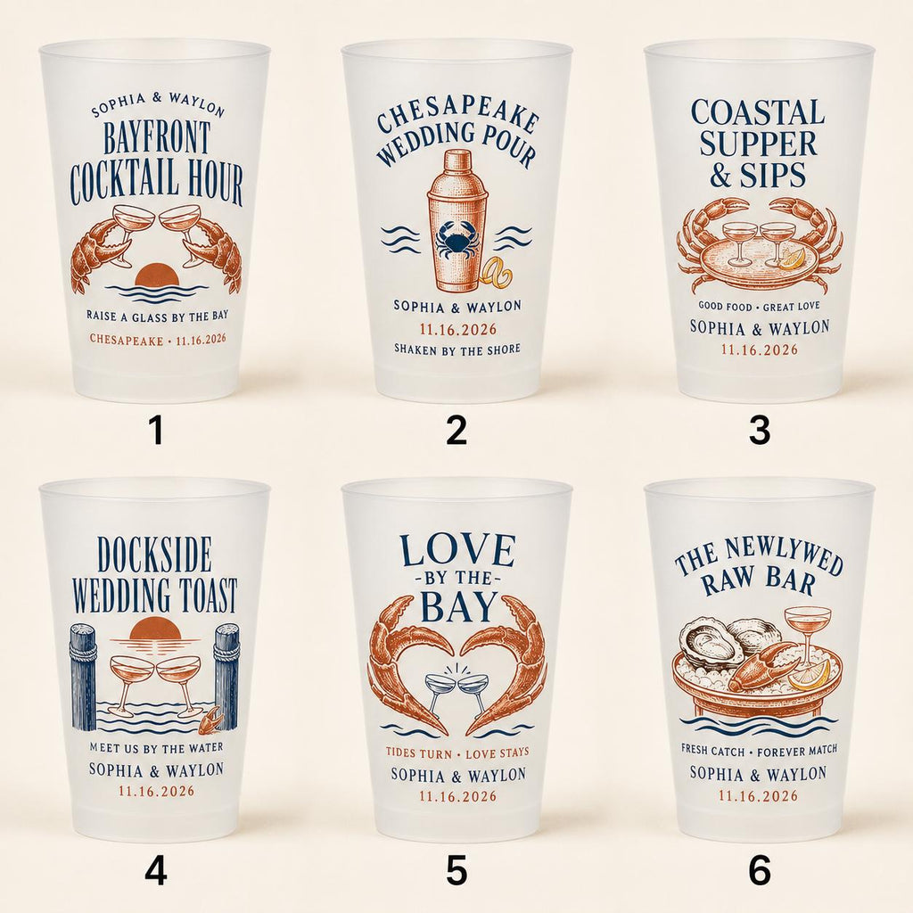 Personalized Crab Wedding Frosted Cups, Coastal Wedding Party Cups, Custom Beach Reception Favors, Bayfront Cocktail Hour Cups