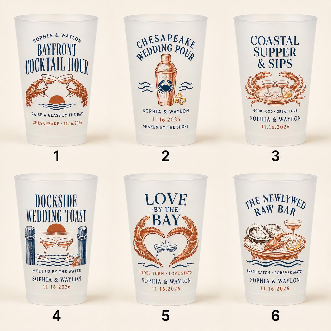 Personalized Crab Wedding Frosted Cups, Coastal Wedding Party Cups, Custom Beach Reception Favors, Bayfront Cocktail Hour Cups