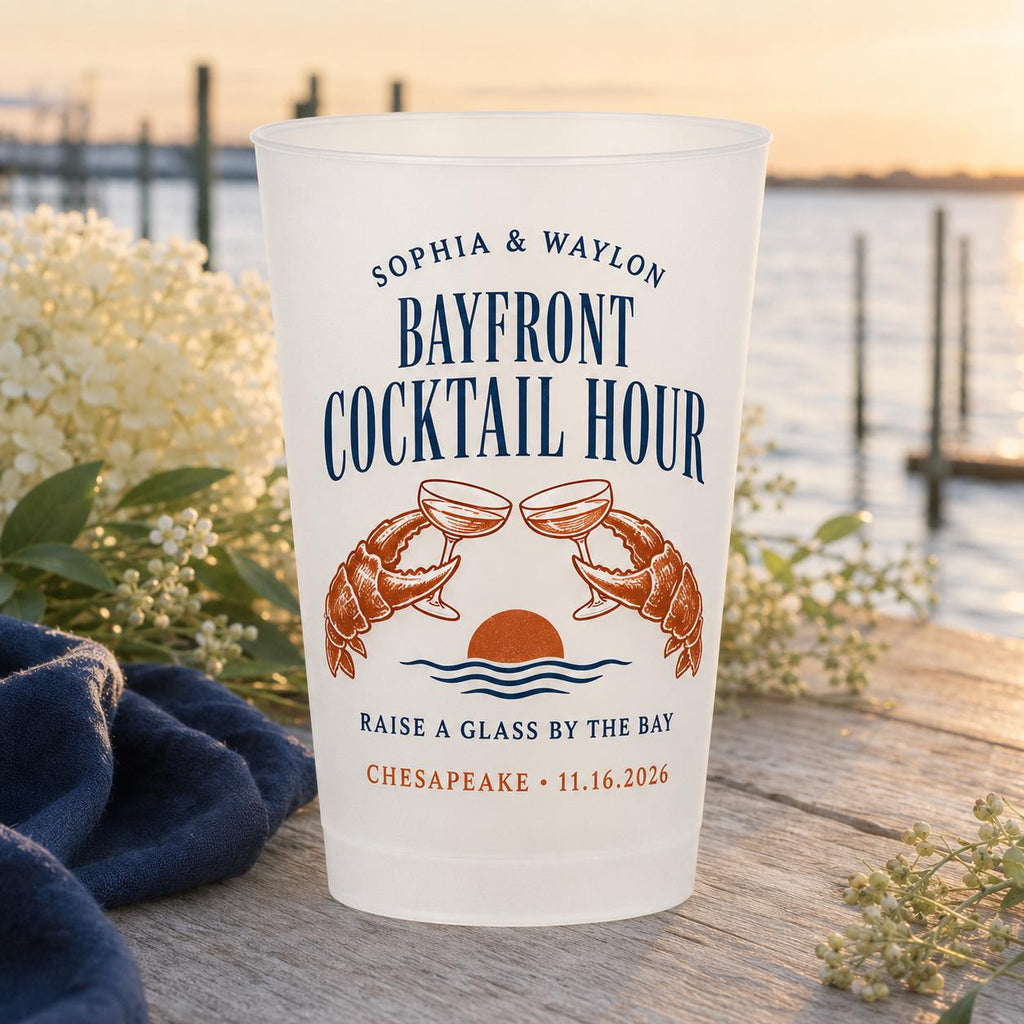 Personalized Crab Wedding Frosted Cups, Coastal Wedding Party Cups, Custom Beach Reception Favors, Bayfront Cocktail Hour Cups