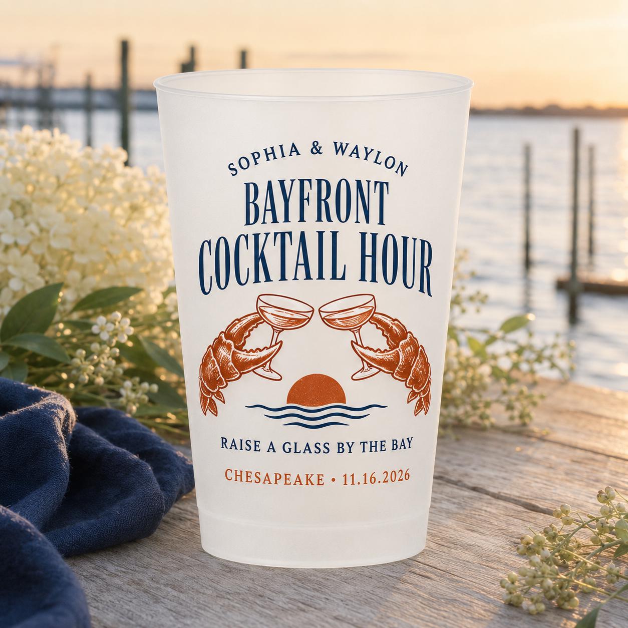 Personalized Crab Wedding Frosted Cups, Coastal Wedding Party Cups, Custom Beach Reception Favors, Bayfront Cocktail Hour Cups