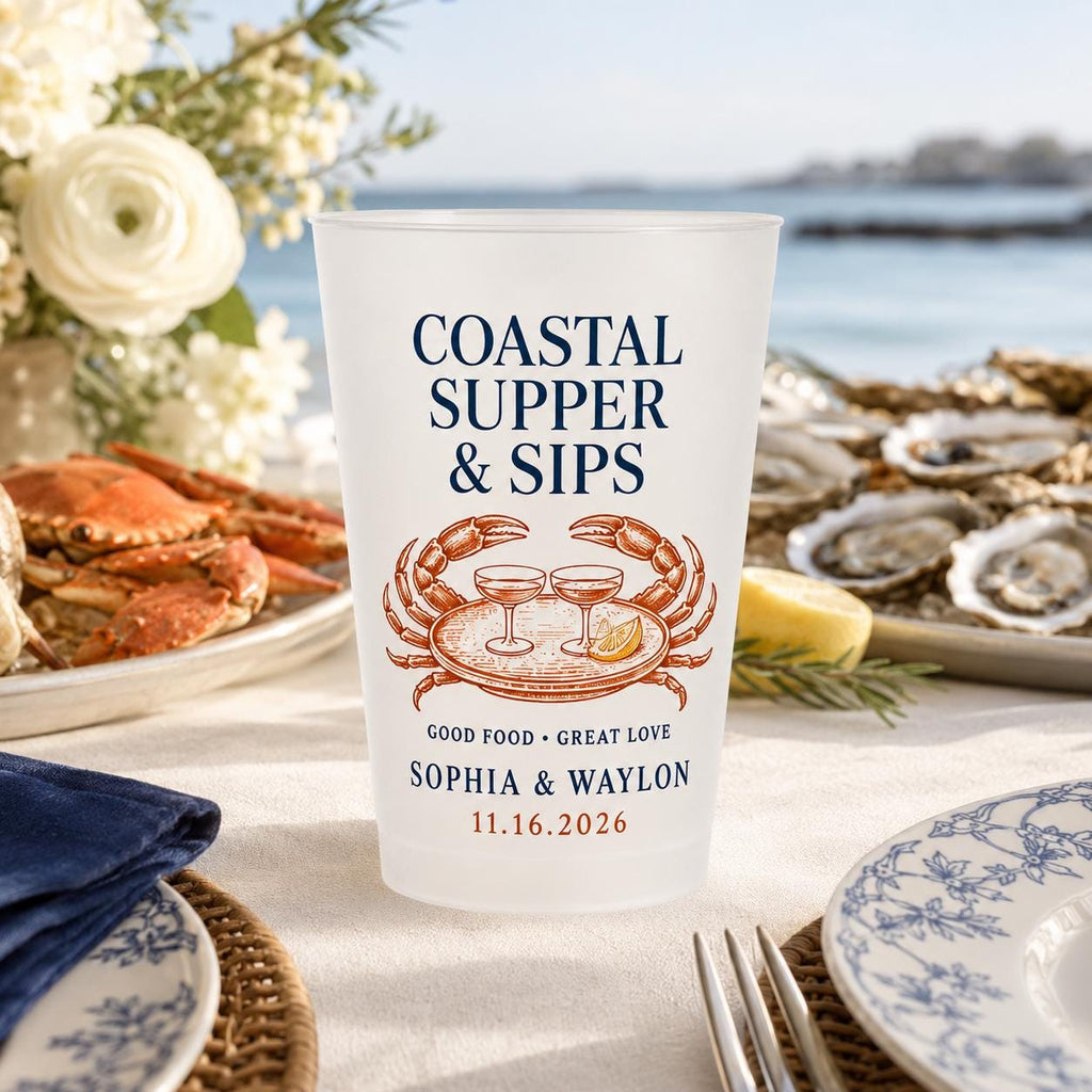 Personalized Crab Wedding Frosted Cups, Coastal Wedding Party Cups, Custom Beach Reception Favors, Bayfront Cocktail Hour Cups