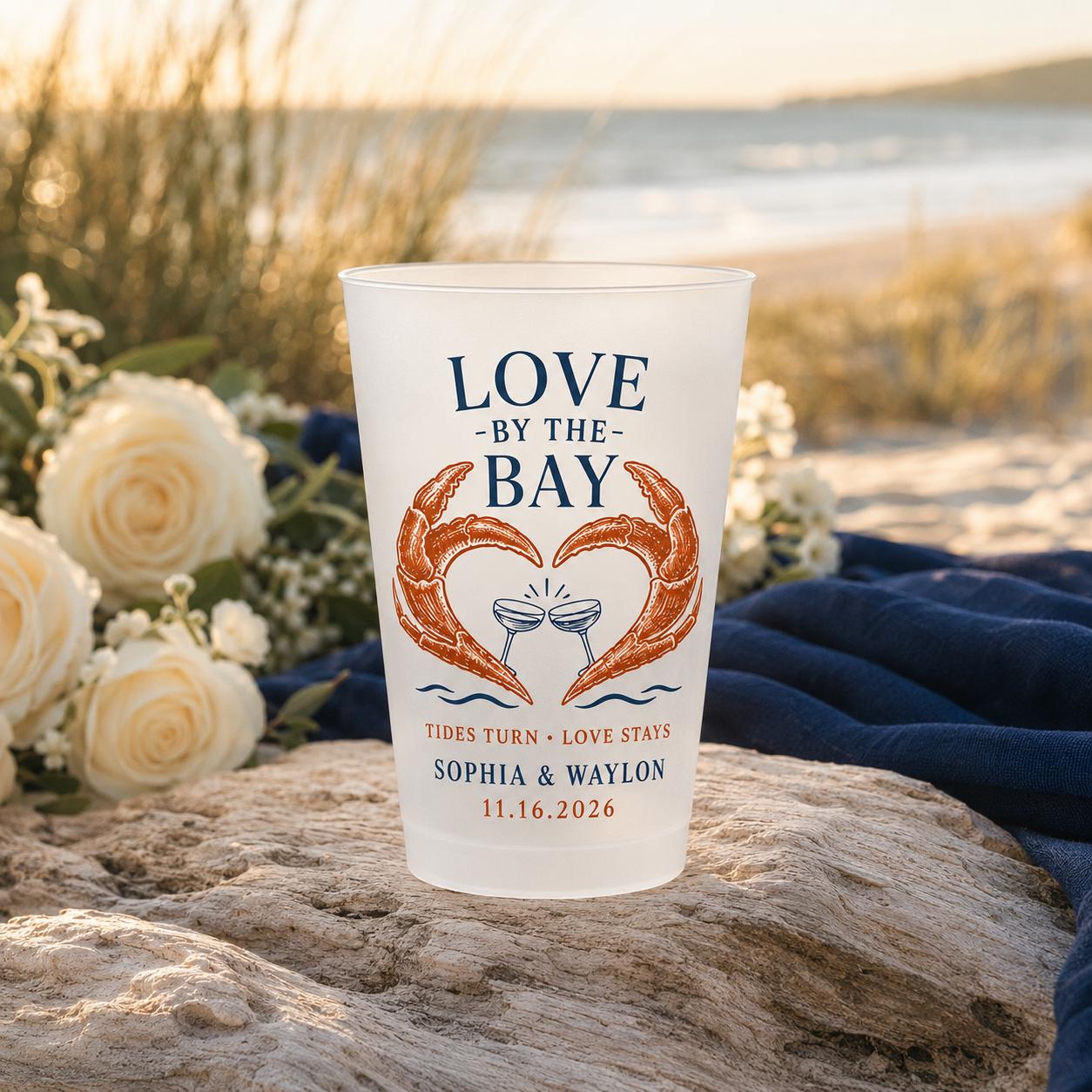 Personalized Crab Wedding Frosted Cups, Coastal Wedding Party Cups, Custom Beach Reception Favors, Bayfront Cocktail Hour Cups