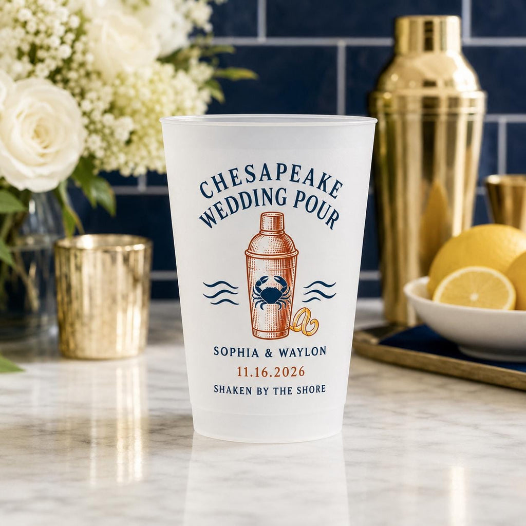 Personalized Crab Wedding Frosted Cups, Coastal Wedding Party Cups, Custom Beach Reception Favors, Bayfront Cocktail Hour Cups