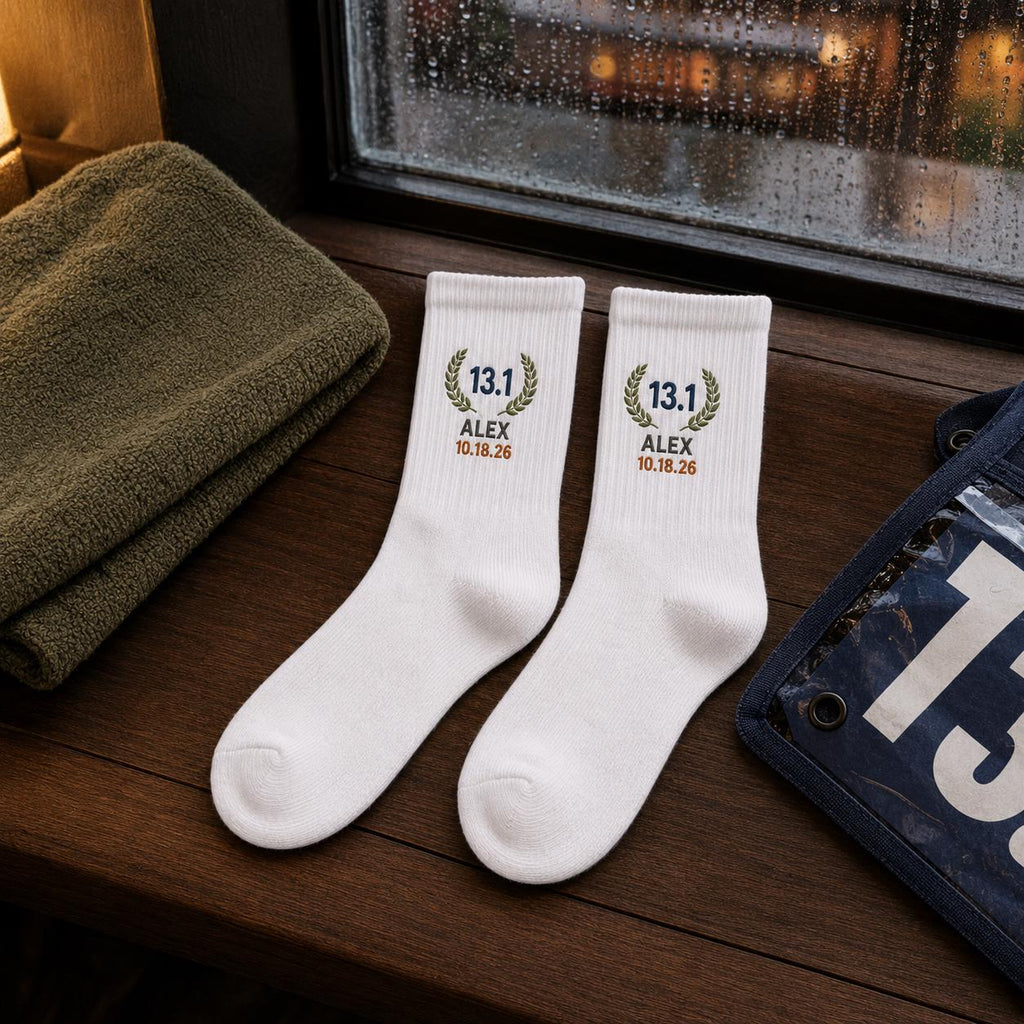 Personalized Race Finisher Embroidered Socks, Custom Marathon 26.2 Half Marathon 13.1 5K 10K Runner Gift with Name and Date