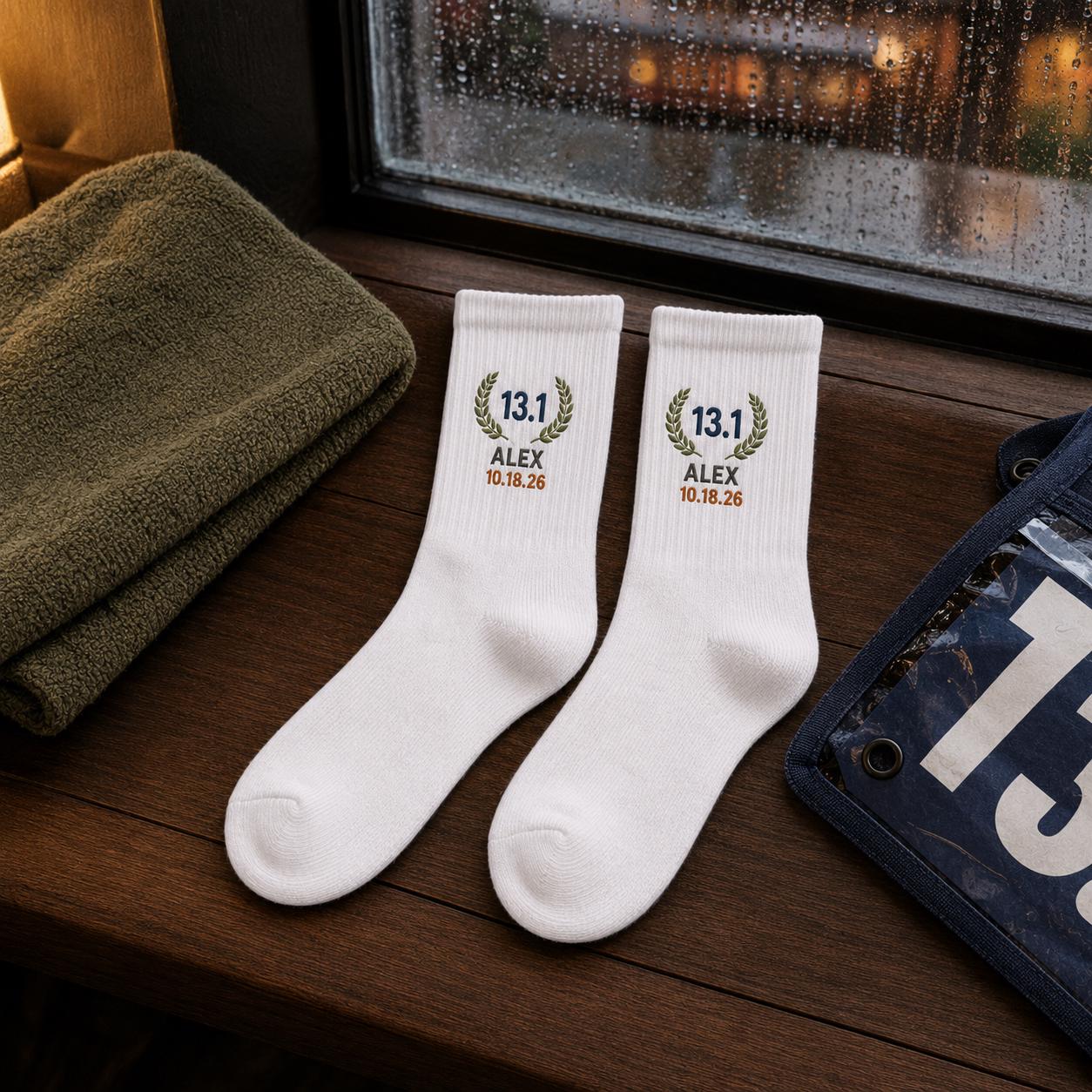 Personalized Race Finisher Embroidered Socks, Custom Marathon 26.2 Half Marathon 13.1 5K 10K Runner Gift with Name and Date