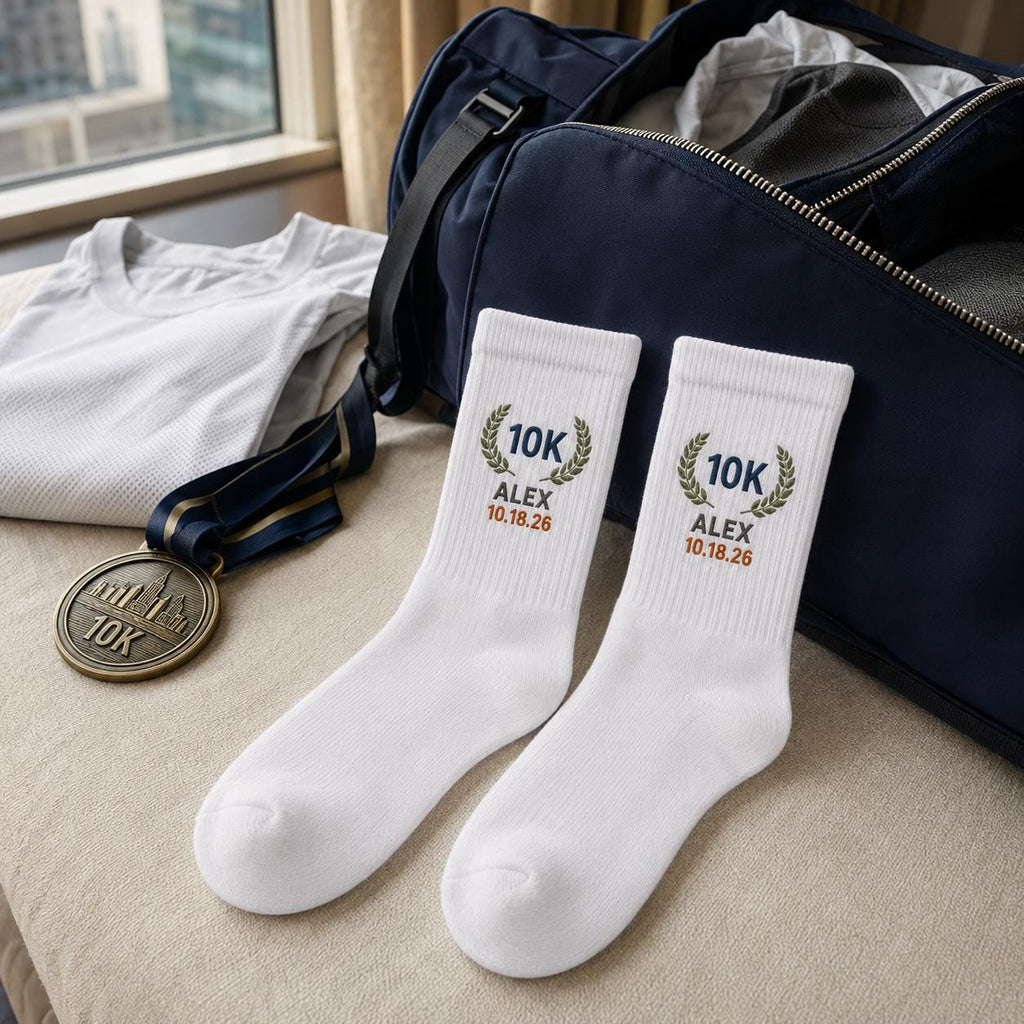 Personalized Race Finisher Embroidered Socks, Custom Marathon 26.2 Half Marathon 13.1 5K 10K Runner Gift with Name and Date