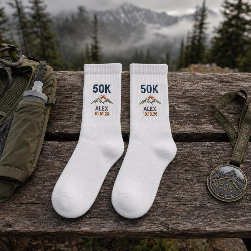 Personalized Race Finisher Embroidered Socks, Custom Marathon 26.2 Half Marathon 13.1 5K 10K Runner Gift with Name and Date