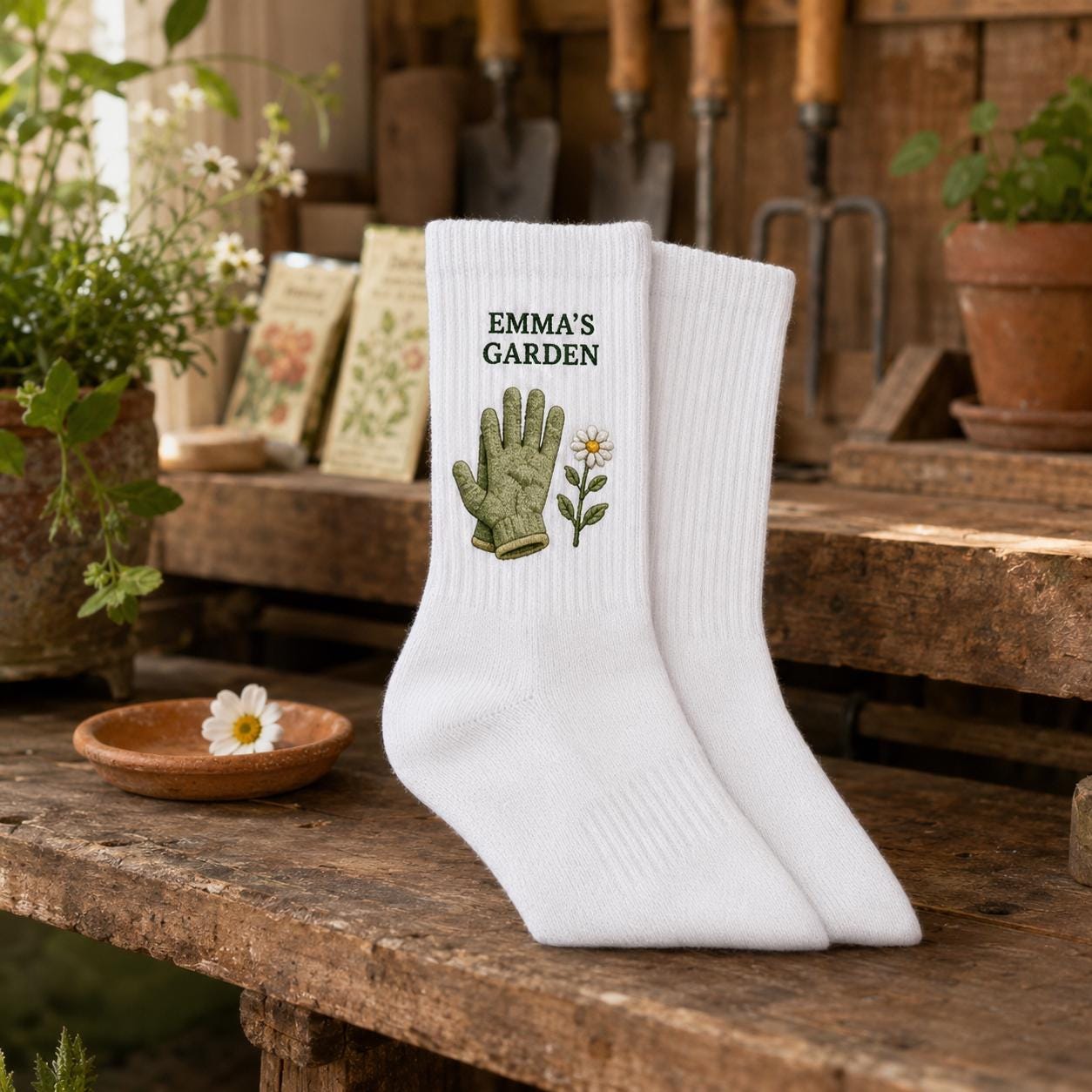 Personalized Garden Embroidered Socks, Custom Name Gardener Gift, Garden Lover Socks, Plant Mom Gift, Gardening Club Socks