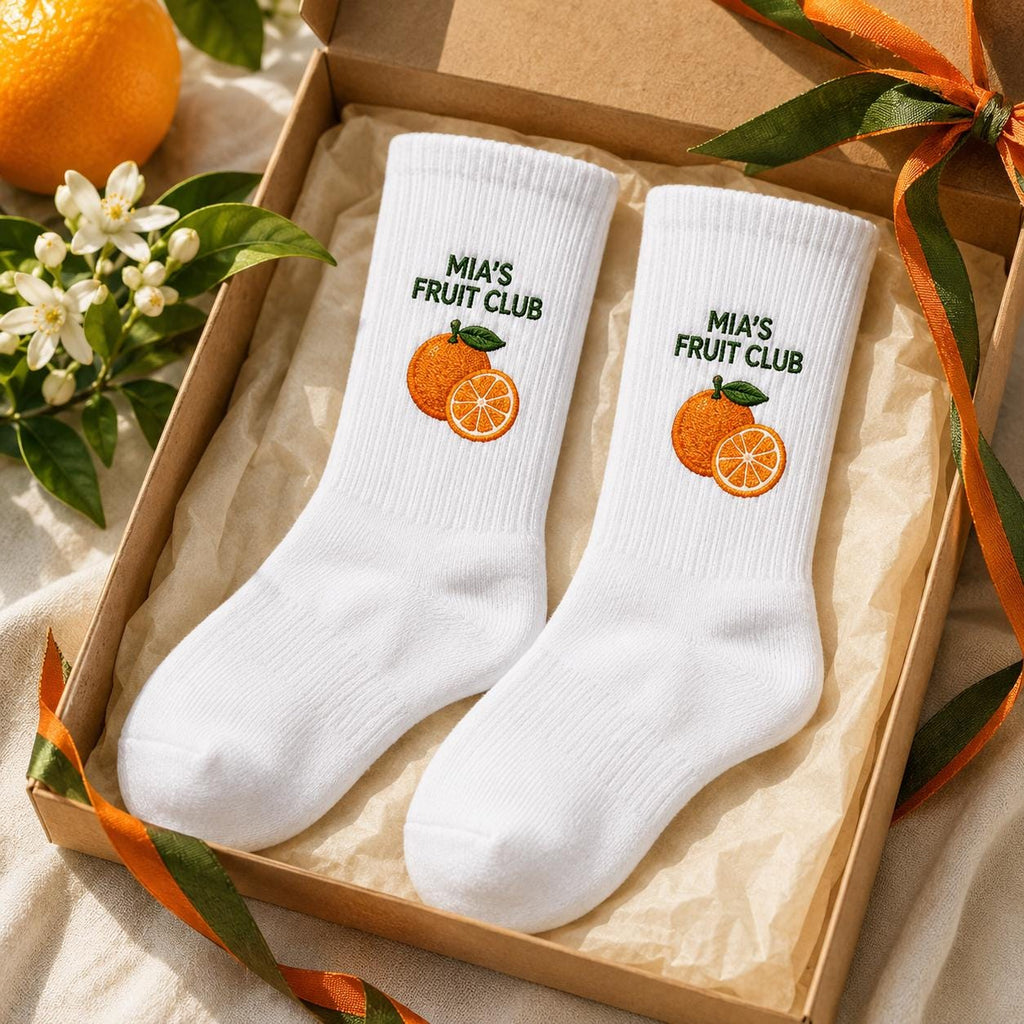 Personalized Fruit Embroidered Socks, Custom Name Summer Fruit Club Socks, Citrus Lover Gift, Farmers Market Gift, Group Socks