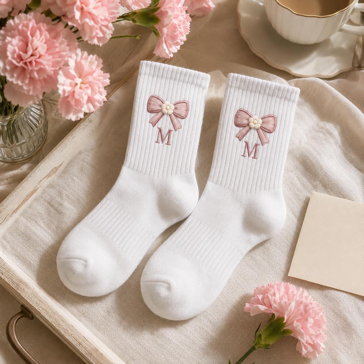 Personalized Birth Month Bow Embroidered Socks, Custom Initial Coquette Socks, Birthday Gift for Her, Bridesmaid Gift