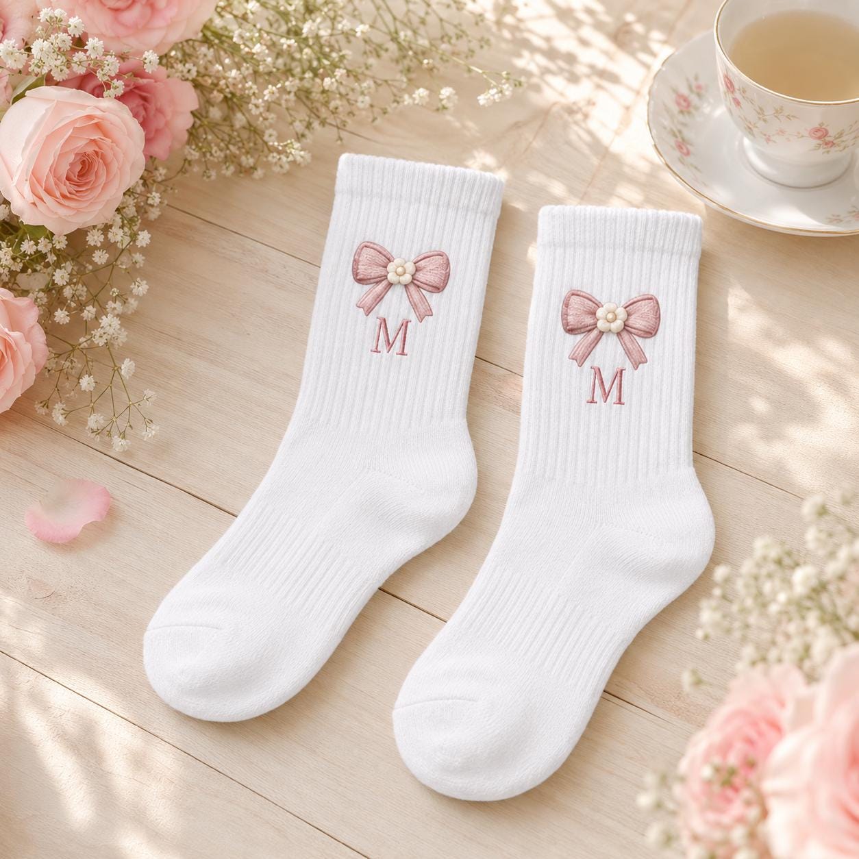 Personalized Birth Month Bow Embroidered Socks, Custom Initial Coquette Socks, Birthday Gift for Her, Bridesmaid Gift