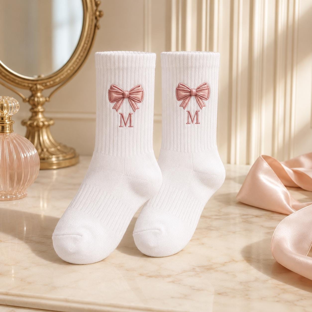 Personalized Birth Month Bow Embroidered Socks, Custom Initial Coquette Socks, Birthday Gift for Her, Bridesmaid Gift