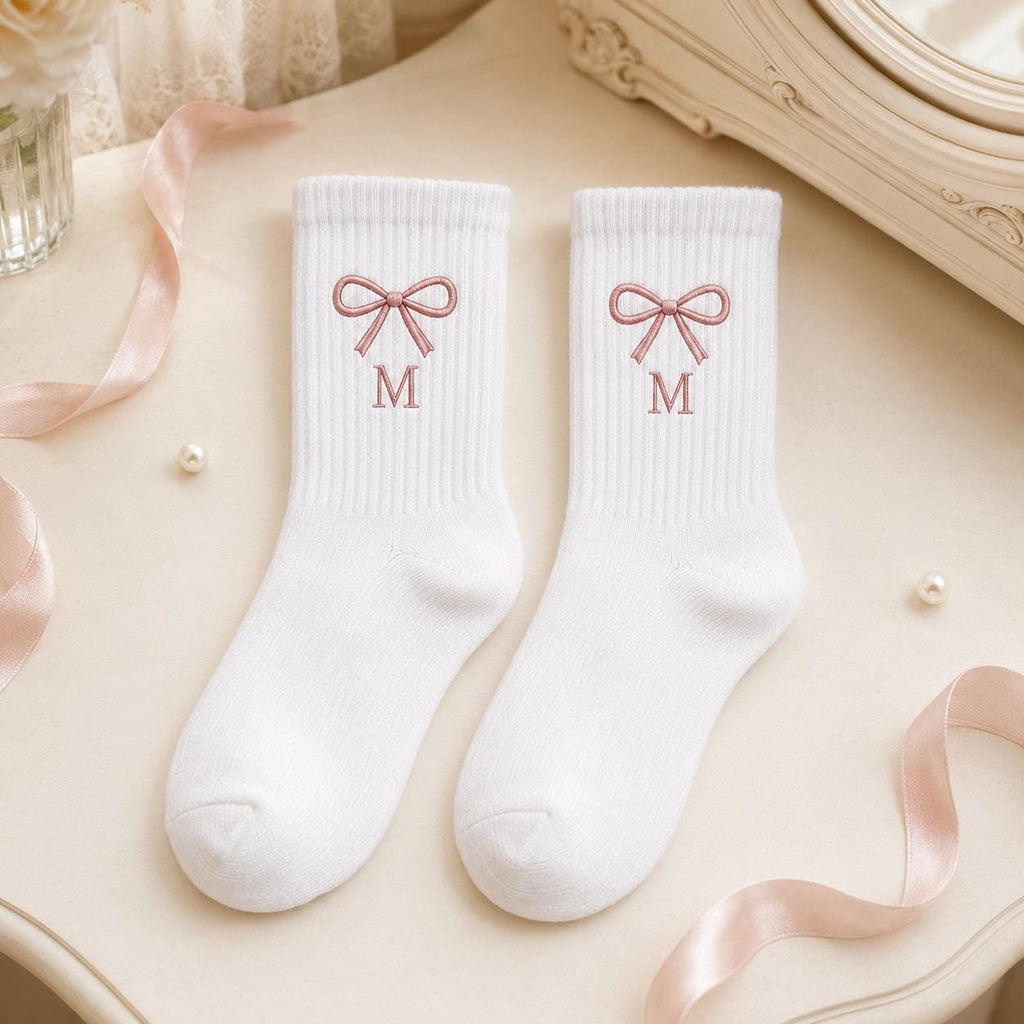 Personalized Birth Month Bow Embroidered Socks, Custom Initial Coquette Socks, Birthday Gift for Her, Bridesmaid Gift