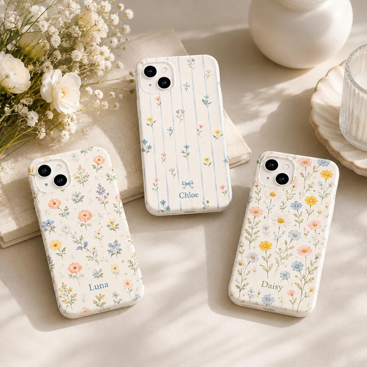 Personalized Floral Phone Case, Custom Name iPhone Case, Cottagecore Wildflower Gingham Lemon Bow Phone Cover Gift for Her