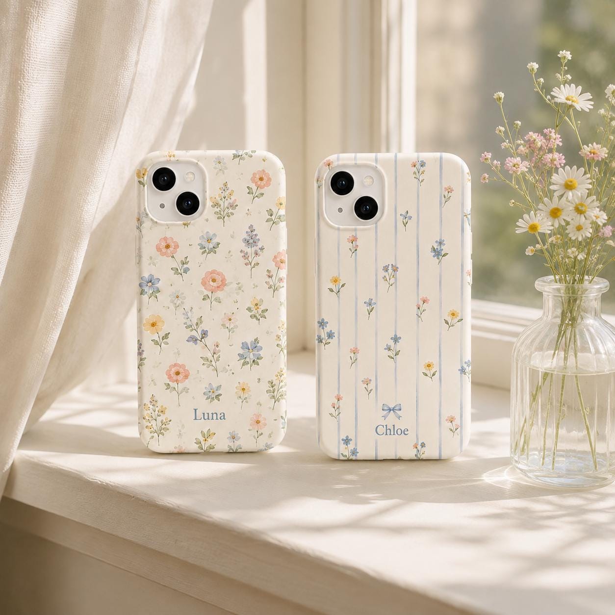 Personalized Floral Phone Case, Custom Name iPhone Case, Cottagecore Wildflower Gingham Lemon Bow Phone Cover Gift for Her