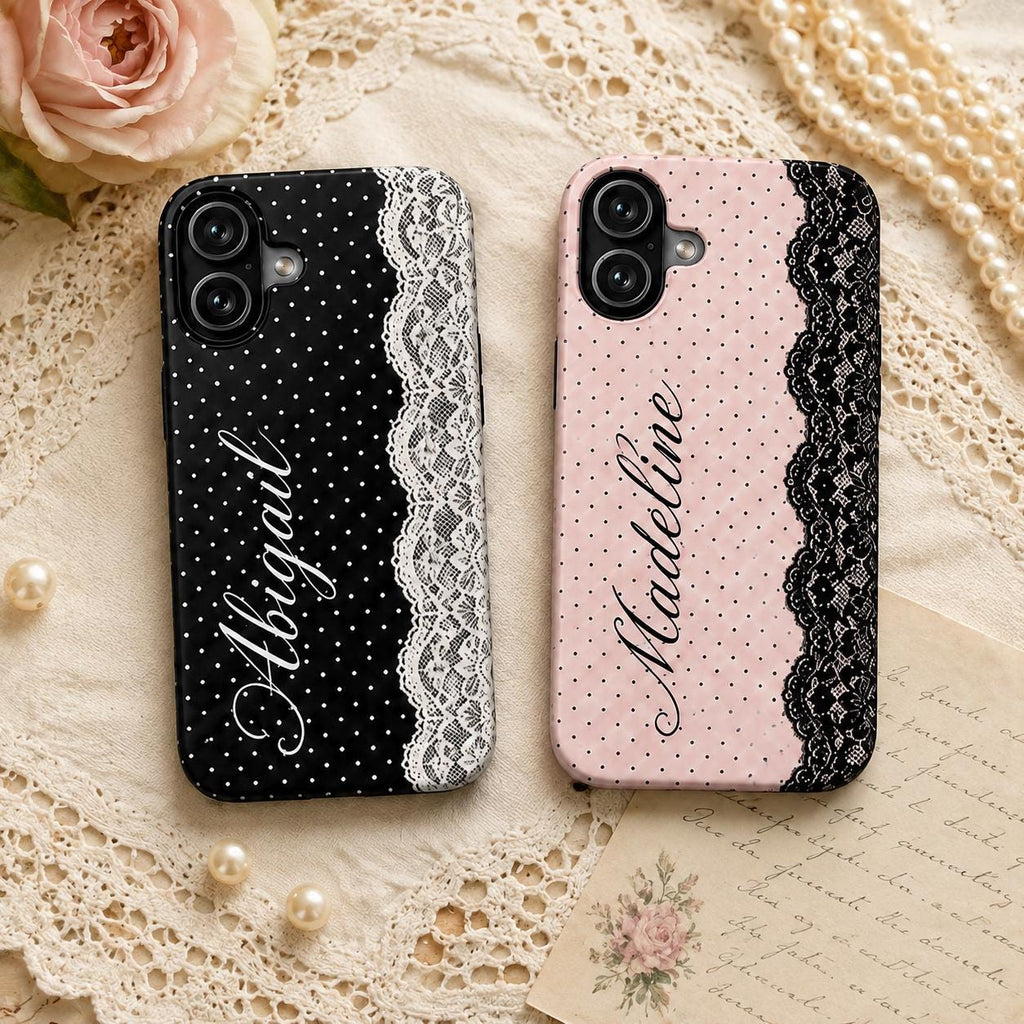 Personalized Lace Phone Case, Custom Name Polka Dot iPhone Case, Vintage Coquette Phone Cover, Girly Gift for Her