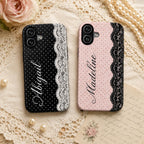 Personalized Lace Phone Case, Custom Name Polka Dot iPhone Case, Vintage Coquette Phone Cover, Girly Gift for Her