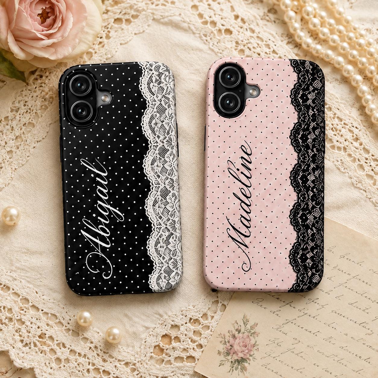 Personalized Lace Phone Case, Custom Name Polka Dot iPhone Case, Vintage Coquette Phone Cover, Girly Gift for Her