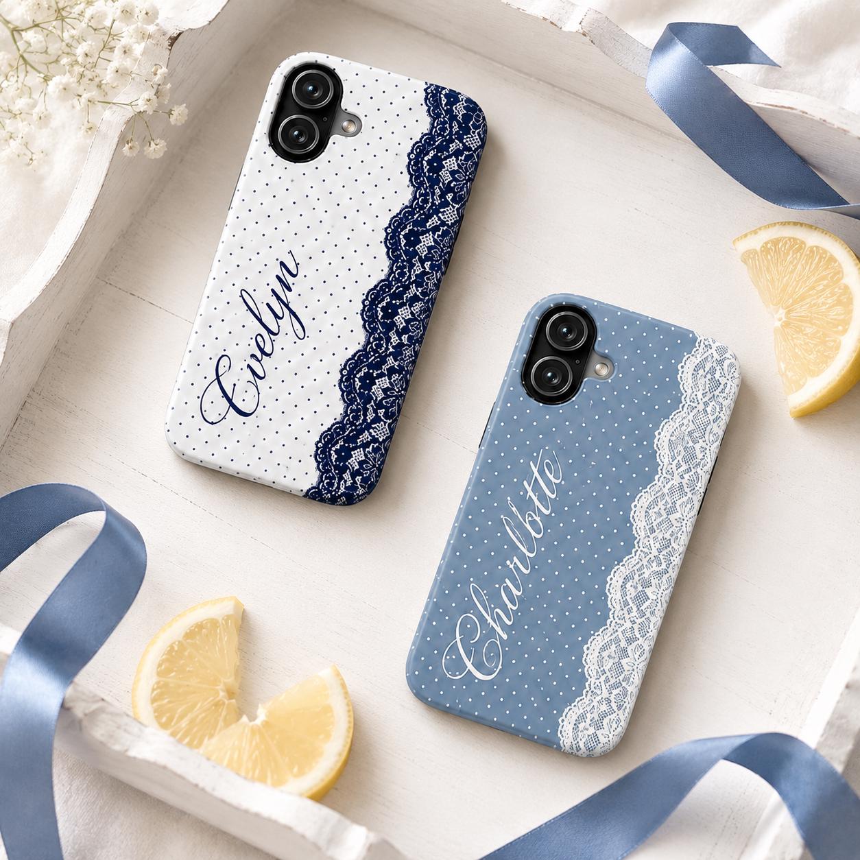 Personalized Lace Phone Case, Custom Name Polka Dot iPhone Case, Vintage Coquette Phone Cover, Girly Gift for Her