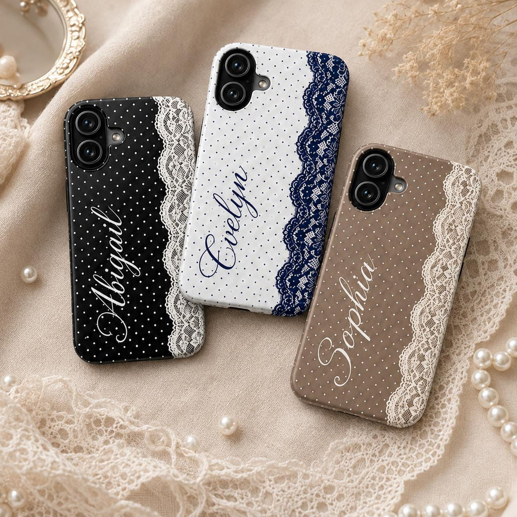 Personalized Lace Phone Case, Custom Name Polka Dot iPhone Case, Vintage Coquette Phone Cover, Girly Gift for Her
