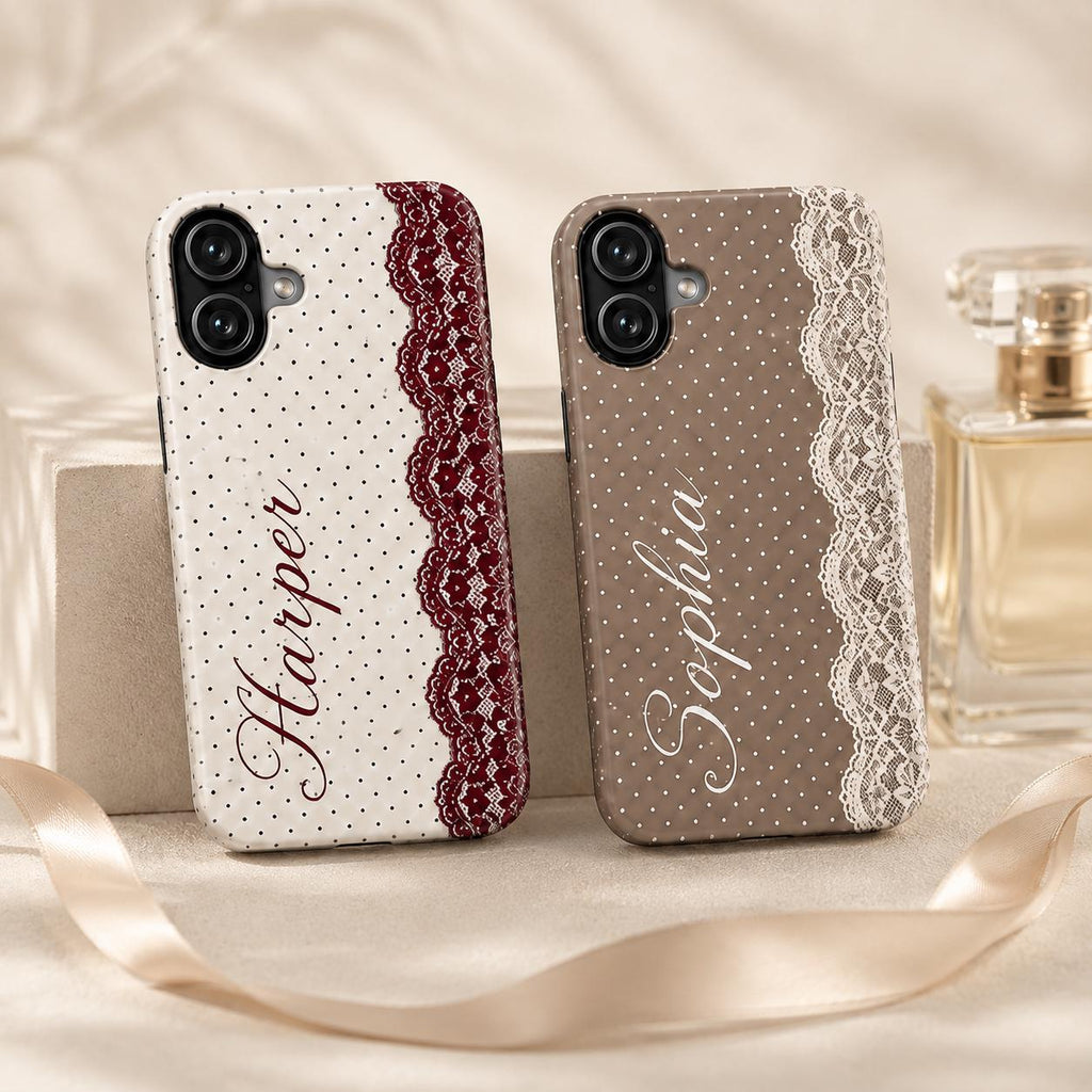Personalized Lace Phone Case, Custom Name Polka Dot iPhone Case, Vintage Coquette Phone Cover, Girly Gift for Her