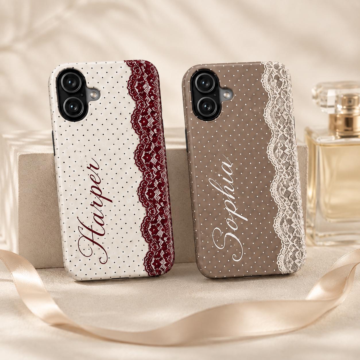 Personalized Lace Phone Case, Custom Name Polka Dot iPhone Case, Vintage Coquette Phone Cover, Girly Gift for Her