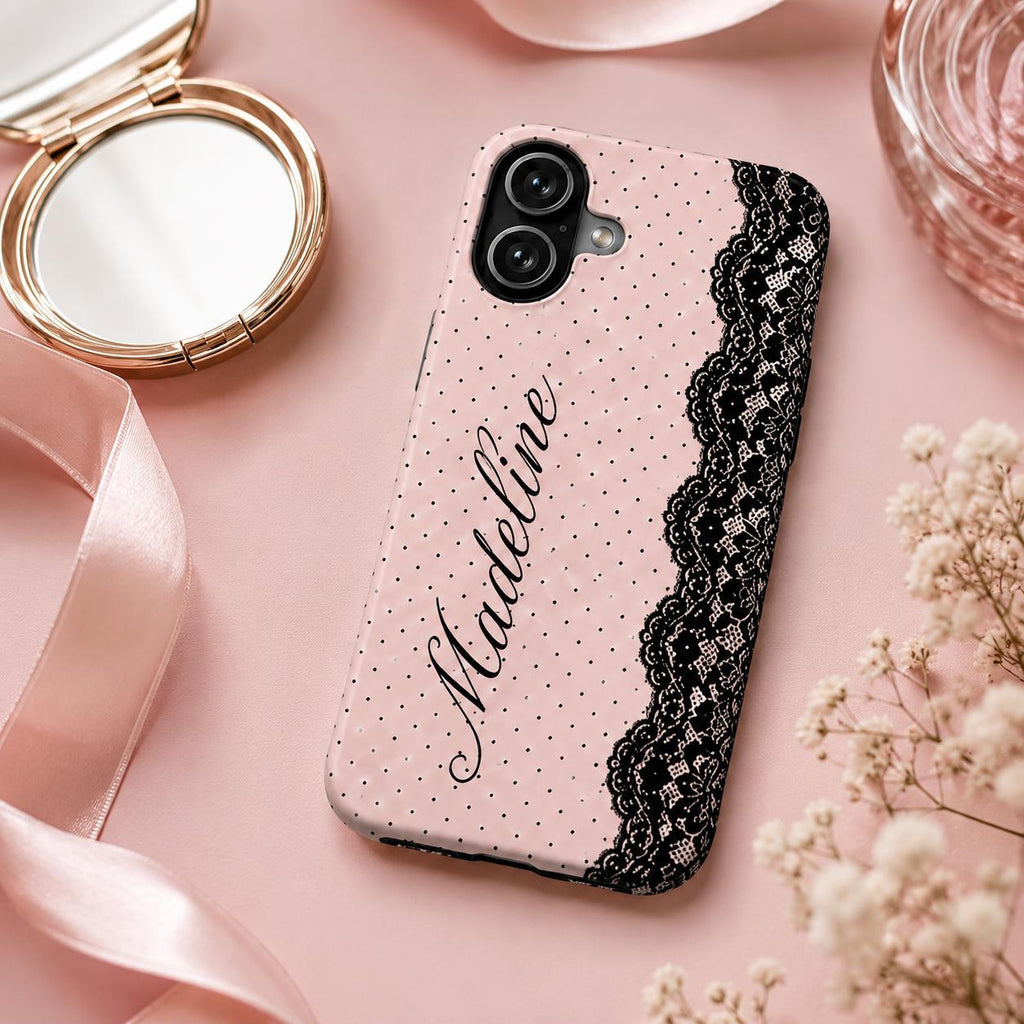 Personalized Lace Phone Case, Custom Name Polka Dot iPhone Case, Vintage Coquette Phone Cover, Girly Gift for Her