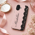 Personalized Lace Phone Case, Custom Name Polka Dot iPhone Case, Vintage Coquette Phone Cover, Girly Gift for Her