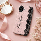 Personalized Lace Phone Case, Custom Name Polka Dot iPhone Case, Vintage Coquette Phone Cover, Girly Gift for Her