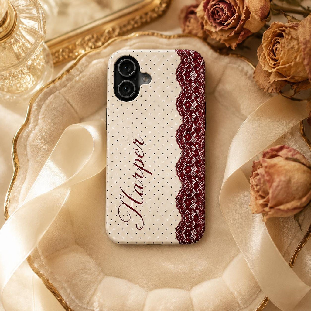Personalized Lace Phone Case, Custom Name Polka Dot iPhone Case, Vintage Coquette Phone Cover, Girly Gift for Her