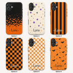 Personalized Halloween Phone Case, Custom Name iPhone Case, Orange Black Bat Star Stripe Checkered Spooky Phone Cover
