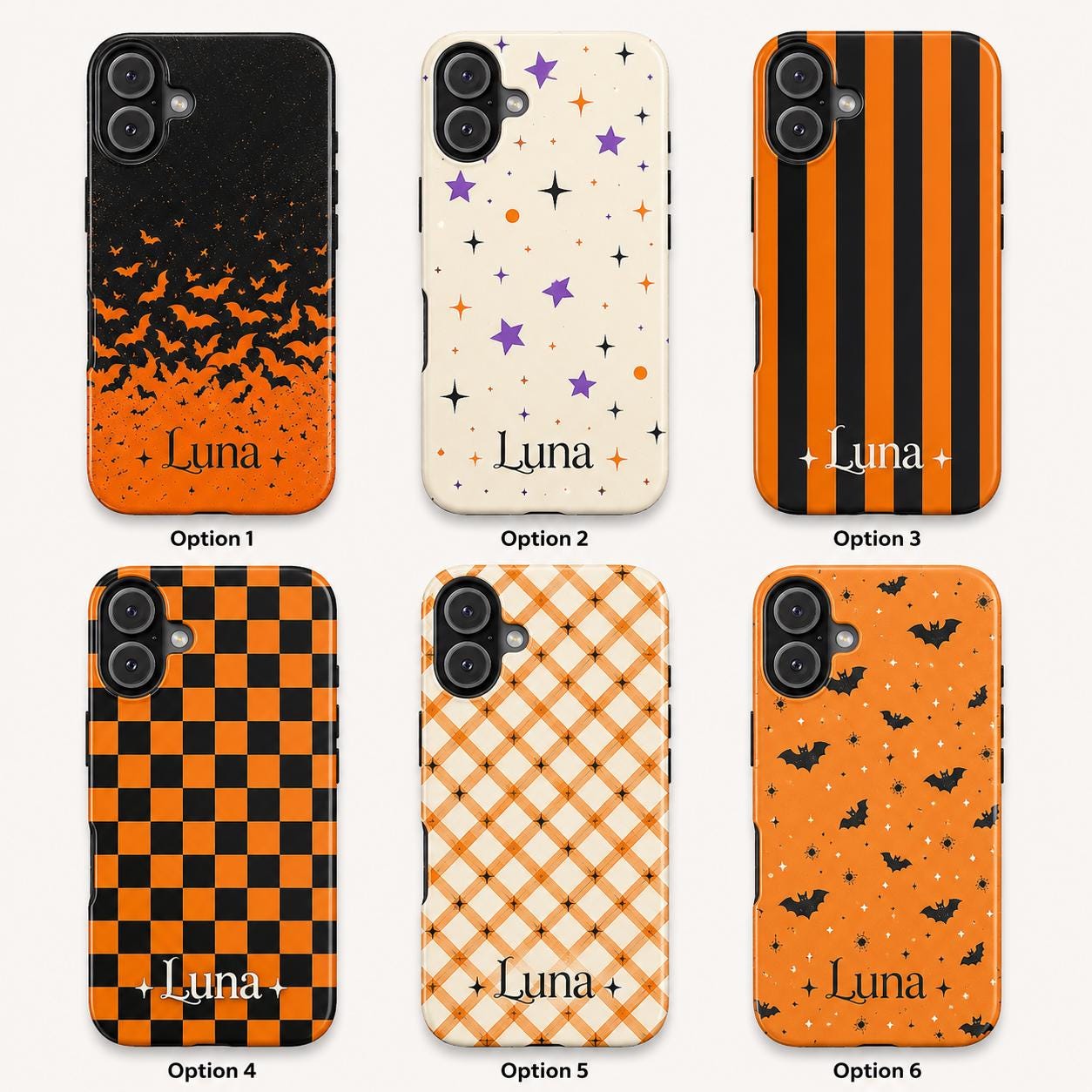 Personalized Halloween Phone Case, Custom Name iPhone Case, Orange Black Bat Star Stripe Checkered Spooky Phone Cover