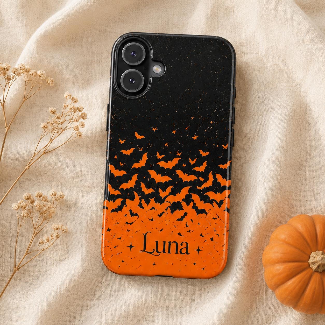 Personalized Halloween Phone Case, Custom Name iPhone Case, Orange Black Bat Star Stripe Checkered Spooky Phone Cover