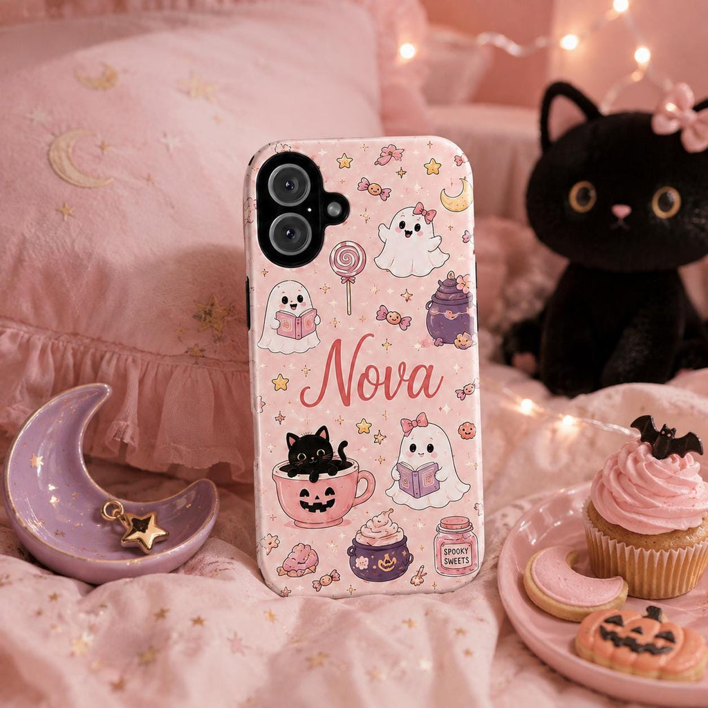 Personalized Cute Halloween Phone Case, Custom Name iPhone Case, Pink Ghost Black Cat Pumpkin Witchy Spooky Phone Cover