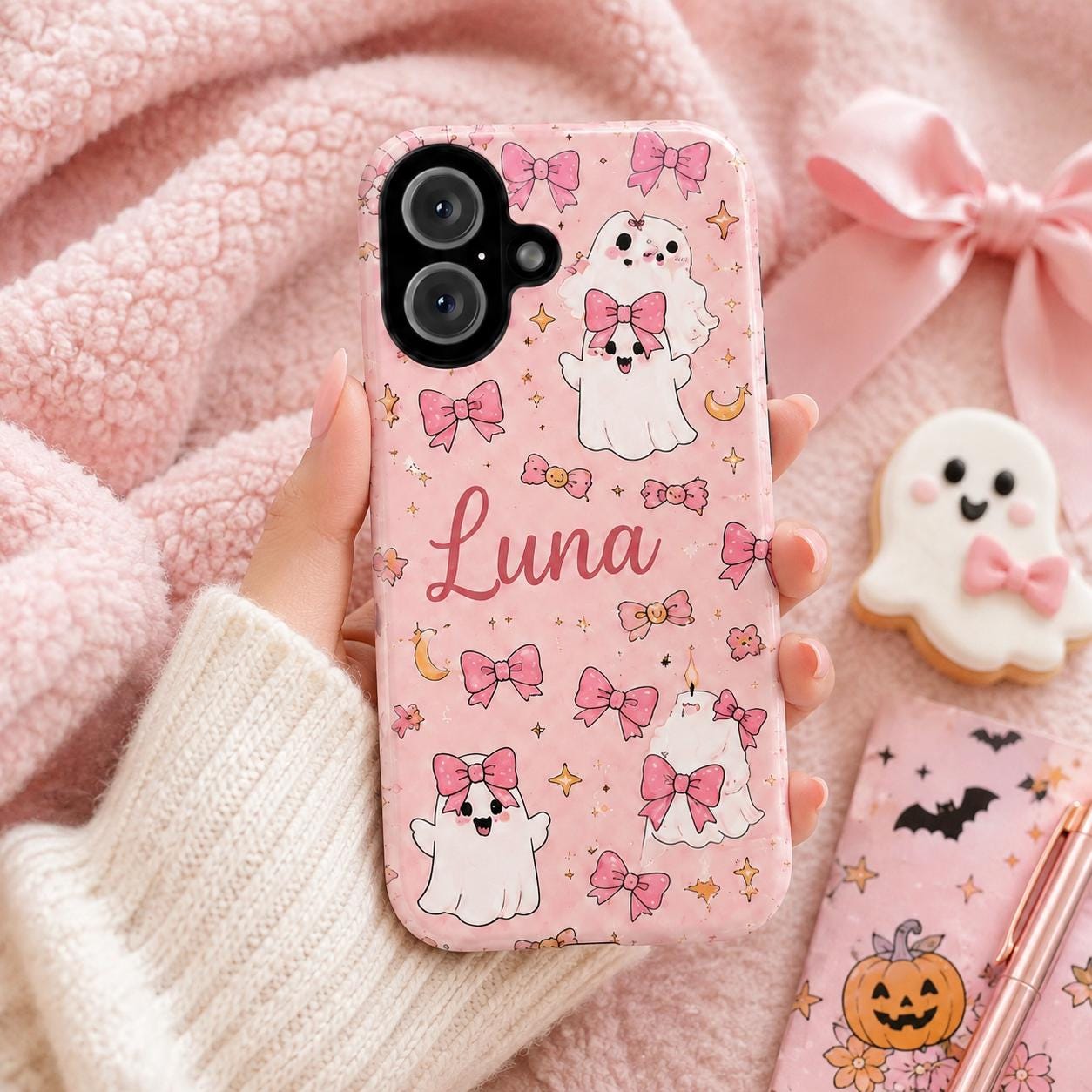 Personalized Cute Halloween Phone Case, Custom Name iPhone Case, Pink Ghost Black Cat Pumpkin Witchy Spooky Phone Cover