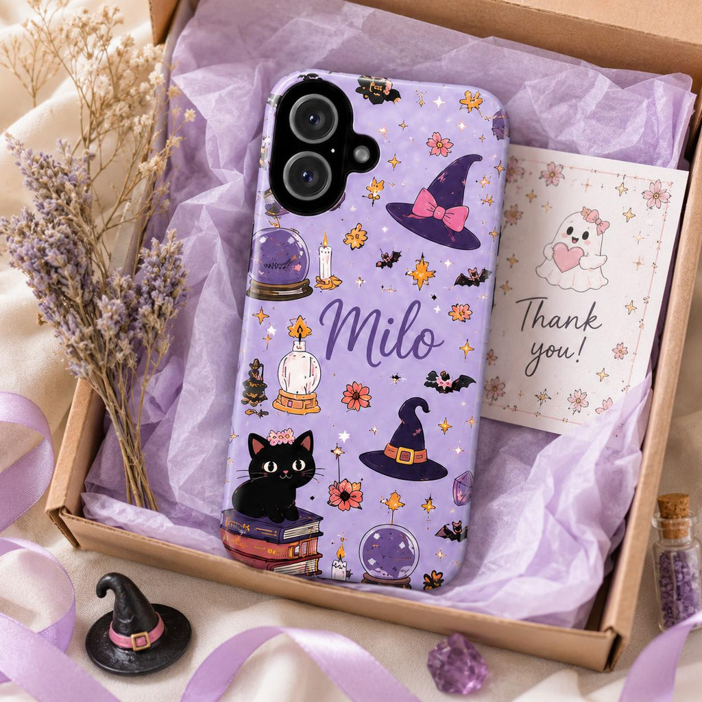 Personalized Cute Halloween Phone Case, Custom Name iPhone Case, Pink Ghost Black Cat Pumpkin Witchy Spooky Phone Cover