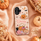 Personalized Cute Halloween Phone Case, Custom Name iPhone Case, Pink Ghost Black Cat Pumpkin Witchy Spooky Phone Cover