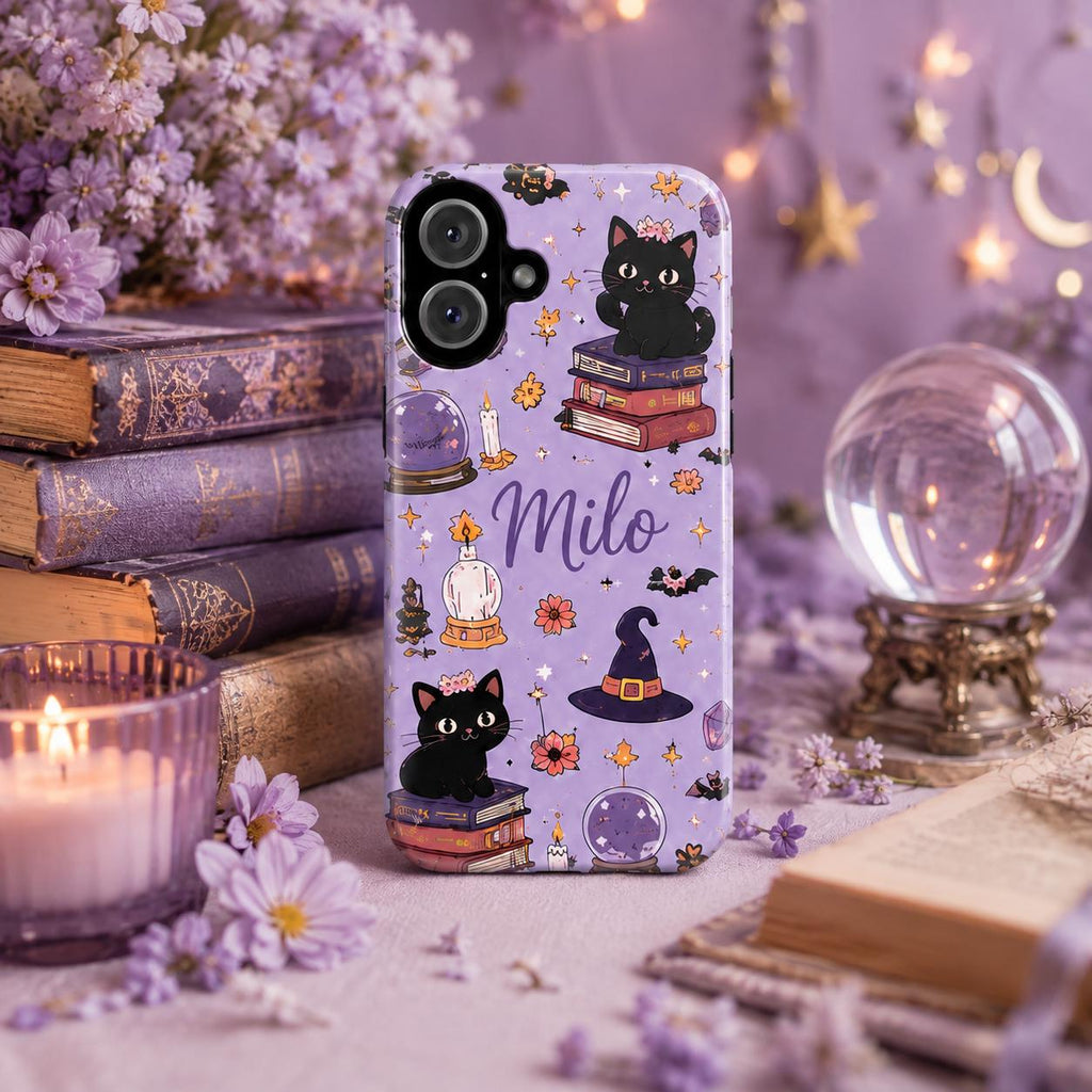 Personalized Cute Halloween Phone Case, Custom Name iPhone Case, Pink Ghost Black Cat Pumpkin Witchy Spooky Phone Cover