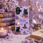 Personalized Cute Halloween Phone Case, Custom Name iPhone Case, Pink Ghost Black Cat Pumpkin Witchy Spooky Phone Cover