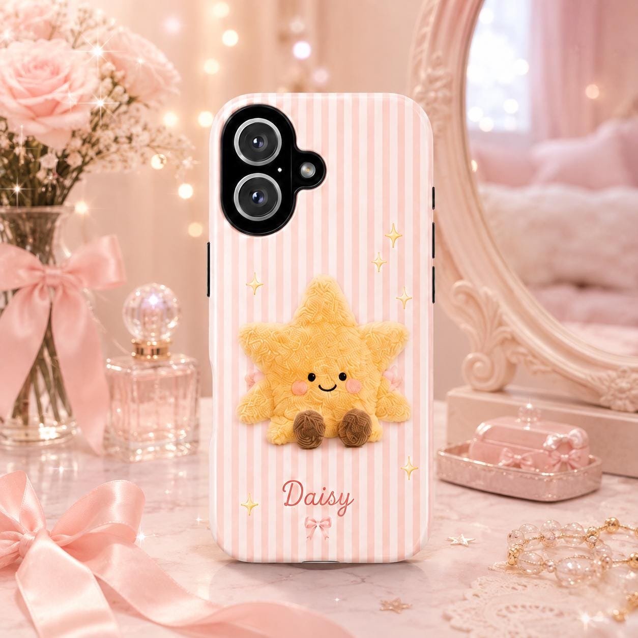 Personalized Cute Plush Phone Case, Custom Name iPhone Case, Kawaii Bunny Bear Star Cake Gingham Phone Cover Gift for Her
