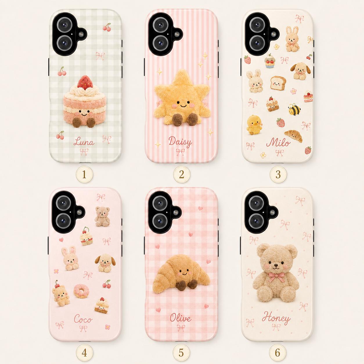 Personalized Cute Plush Phone Case, Custom Name iPhone Case, Kawaii Bunny Bear Star Cake Gingham Phone Cover Gift for Her