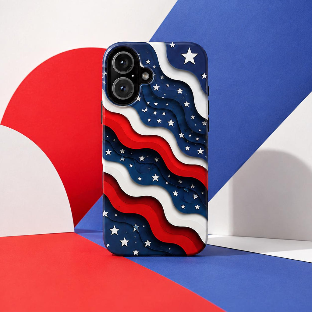 2D Patriotic American Flag Phone Case, Red White Blue Wavy Star iPhone Case, USA Fourth of July Phone Cover