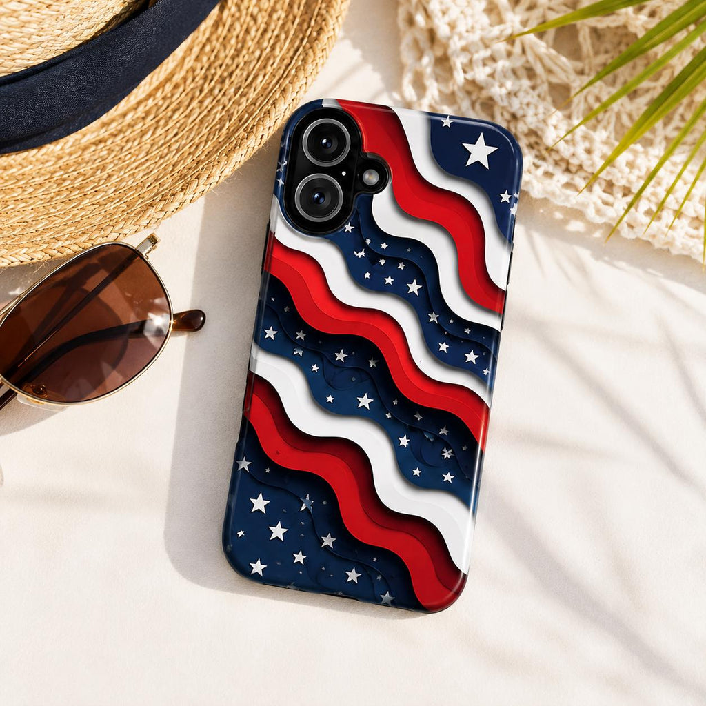 2D Patriotic American Flag Phone Case, Red White Blue Wavy Star iPhone Case, USA Fourth of July Phone Cover