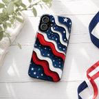 2D Patriotic American Flag Phone Case, Red White Blue Wavy Star iPhone Case, USA Fourth of July Phone Cover