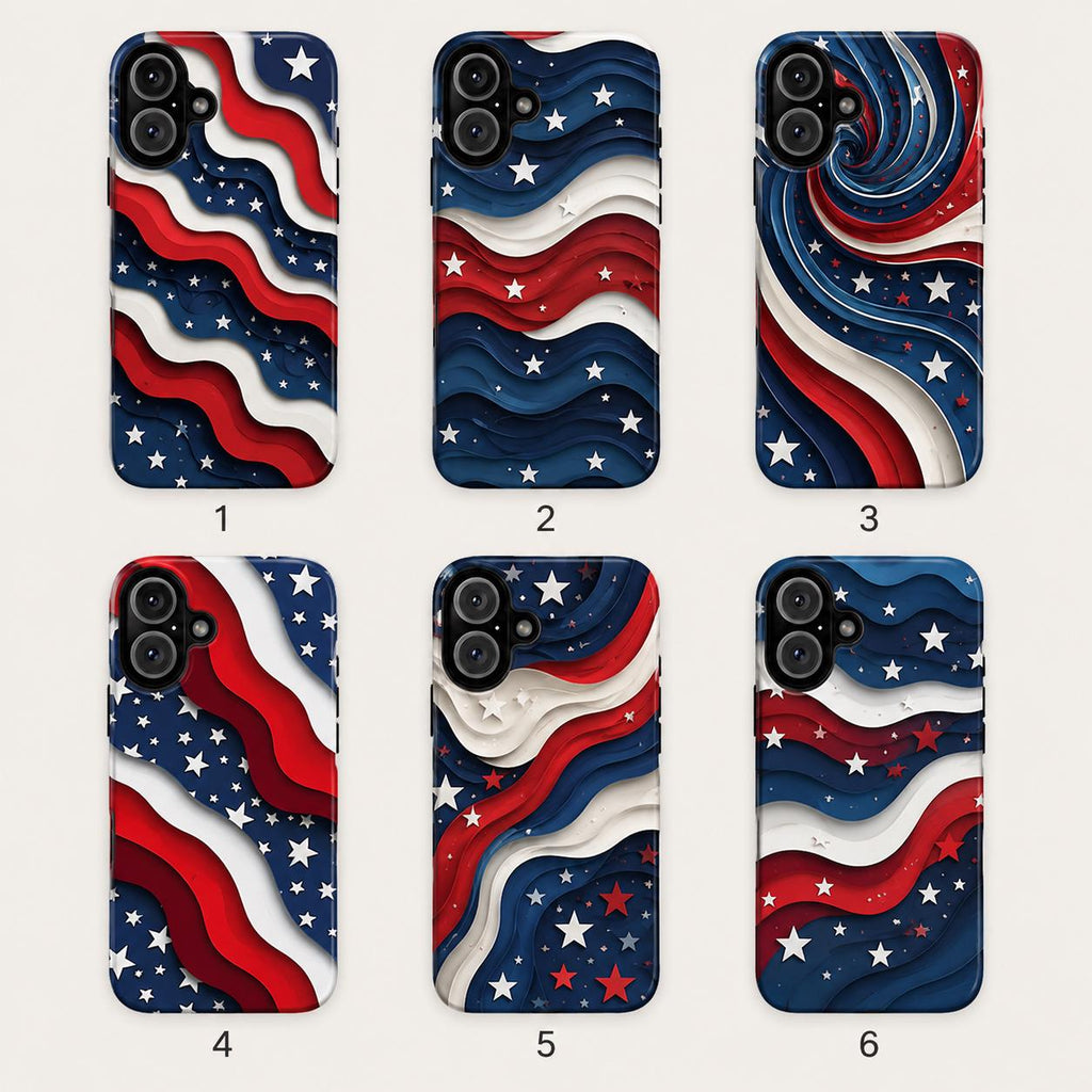 2D Patriotic American Flag Phone Case, Red White Blue Wavy Star iPhone Case, USA Fourth of July Phone Cover