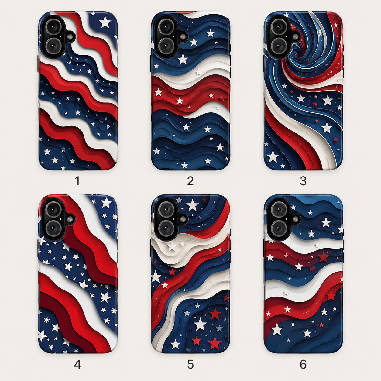 2D Patriotic American Flag Phone Case, Red White Blue Wavy Star iPhone Case, USA Fourth of July Phone Cover